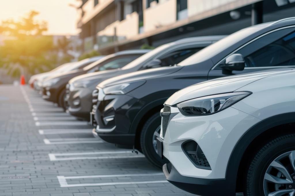 a fleet of business cars parked up in a row in an office car park.