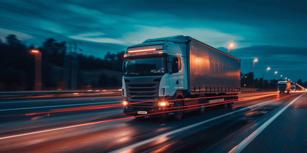 Large lorry driving on a motorway at night with motion blur from lights.