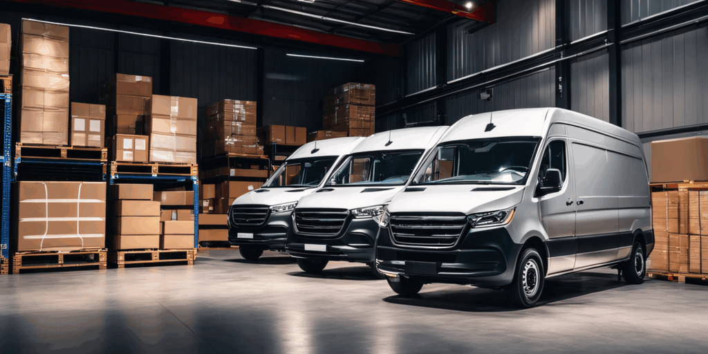 Fleet of white delivery vans parked inside a UK warehouse surrounded by stacked boxes, representing business van insurance and logistics vehicle cover.